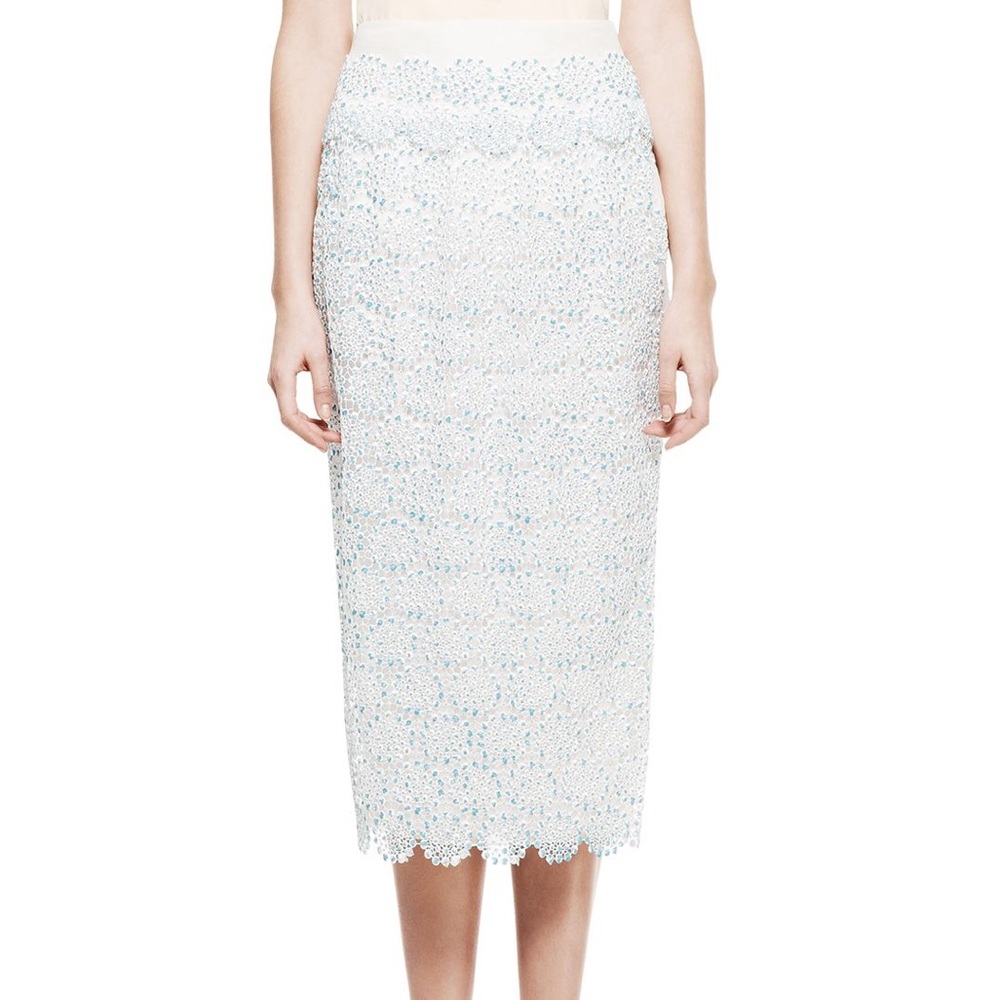 Tory Burch “Whitney” Embroidered Lace Midi Skirt